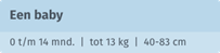 Illustratie met tekst: baby 0-14 maanden - tot 13 kg - 40 tot 83 cm