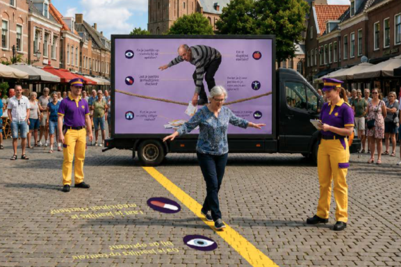 oudere dame loopt over gele lijn