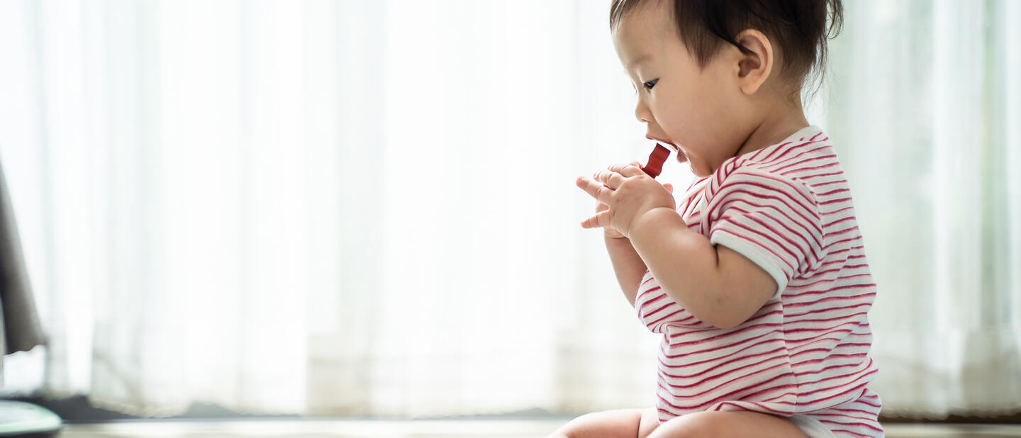 Baby stopt speelgoed in mond