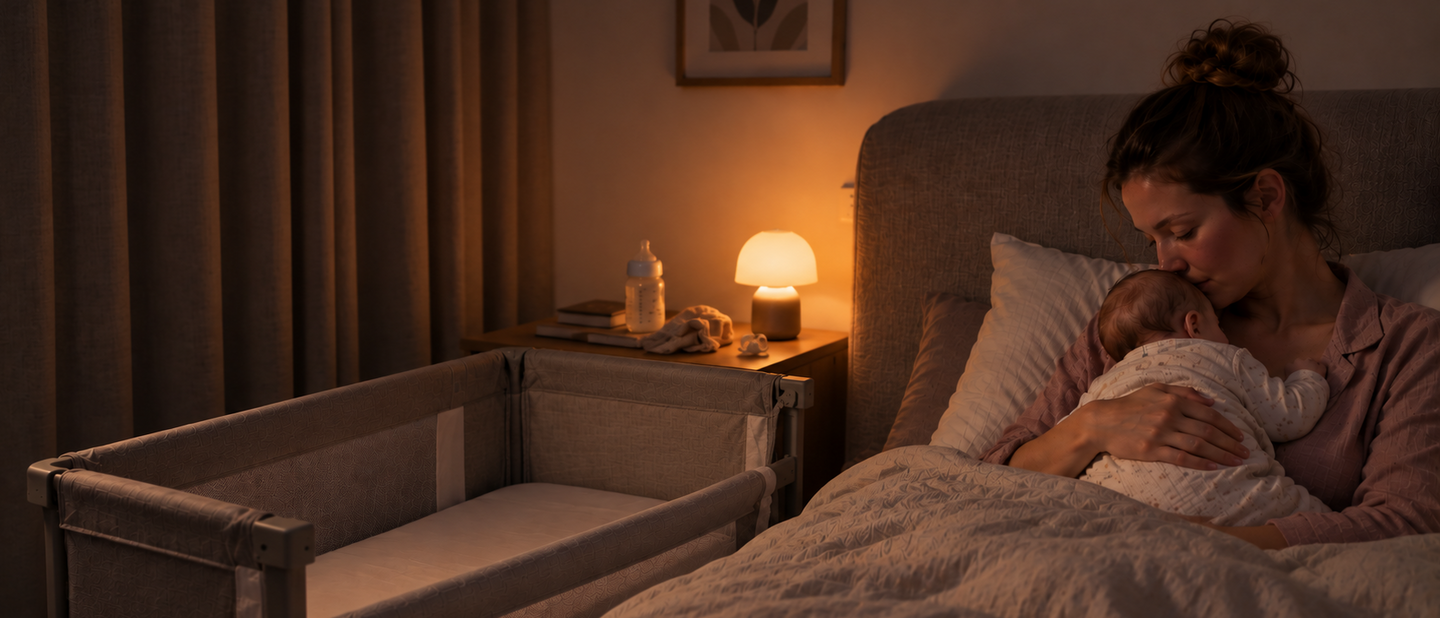 Moeder met baby in bed in de nacht